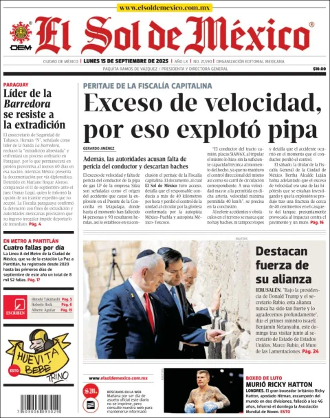 Portada de El Sol de Mexico del lunes, 15 de septiembre de 2025