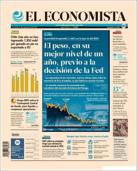 Portada de El Economista del lunes, 15 de septiembre de 2025
