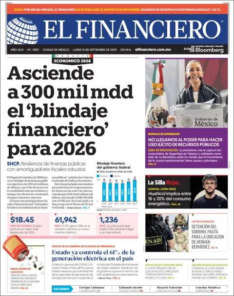 Portada de El Financiero del lunes, 15 de septiembre de 2025