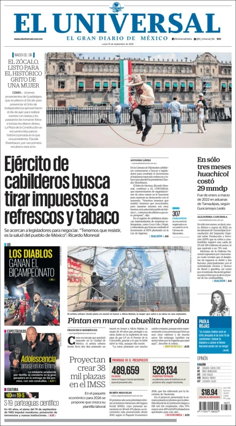 Portada de El Universal del lunes, 15 de septiembre de 2025