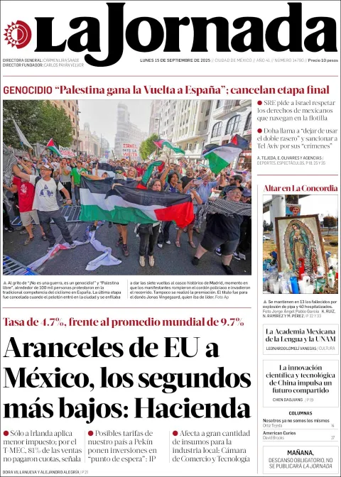 Portada de La Jornada del lunes, 15 de septiembre de 2025