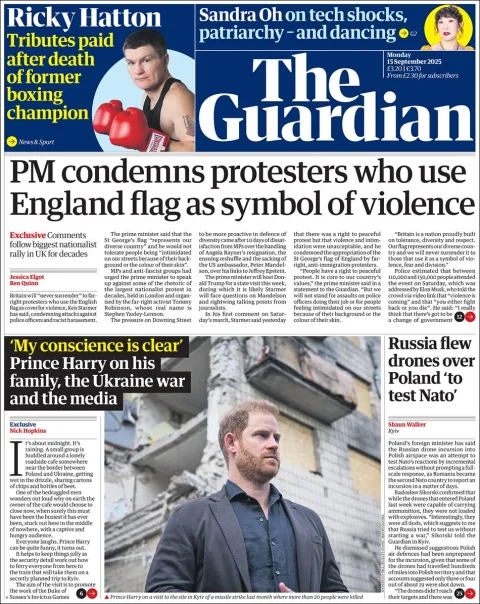 Portada de The Guardian (reino Unido) del lunes, 15 de septiembre de 2025