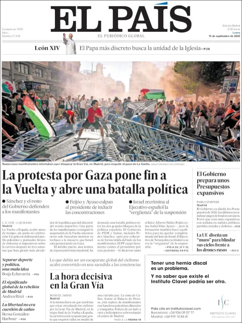 Portada de El Pais del lunes, 15 de septiembre de 2025