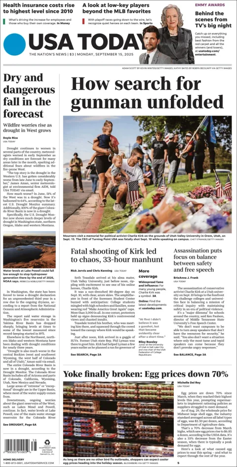 Portada de Usa Today del lunes, 15 de septiembre de 2025