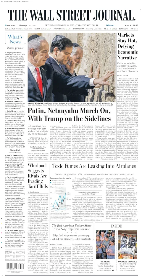 Portada de The Wall Street Journal del lunes, 15 de septiembre de 2025