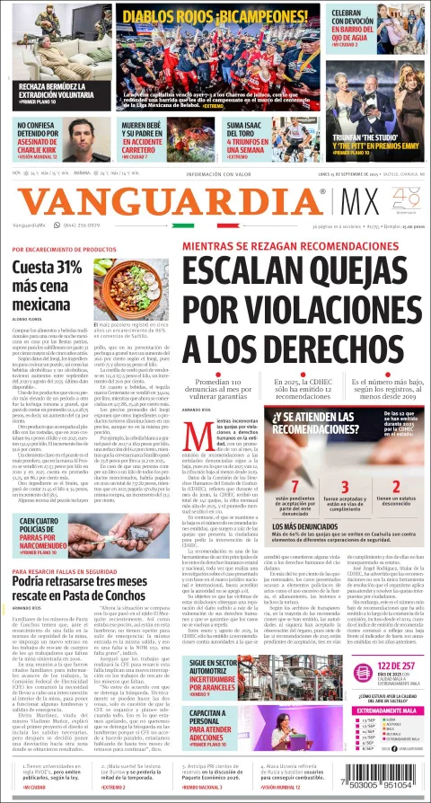 Portada de Vanguardia del lunes, 15 de septiembre de 2025