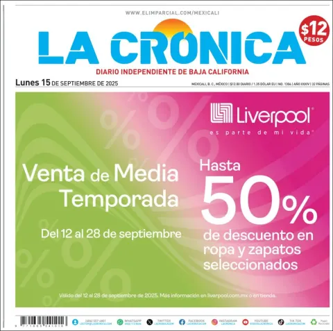 Portada de La Cronica del lunes, 15 de septiembre de 2025