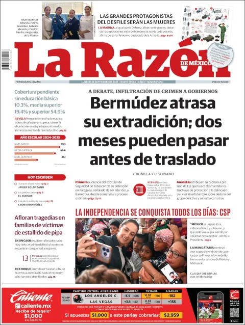 Portada de La Razon del lunes, 15 de septiembre de 2025