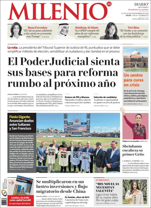 Portada de Milenio del domingo, 15 de septiembre de 2024