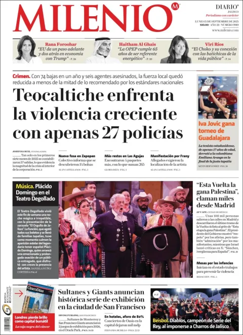 Portada de Milenio Jalisco del lunes, 15 de septiembre de 2025