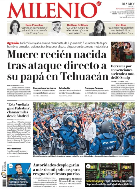 Portada de Milenio Puebla del lunes, 15 de septiembre de 2025