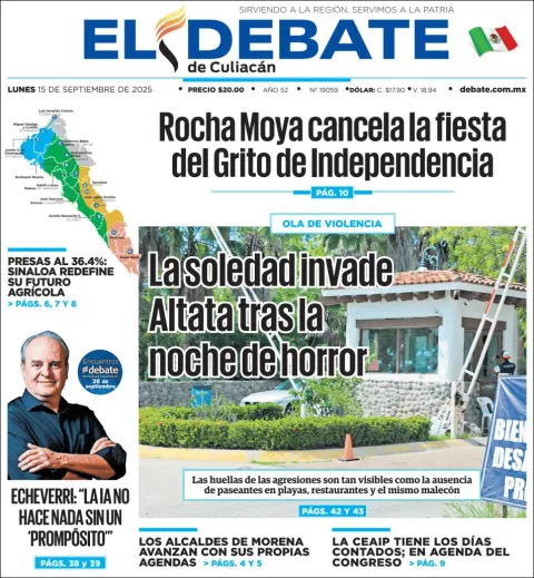 Portada de El Debate de Culiacan del lunes, 15 de septiembre de 2025