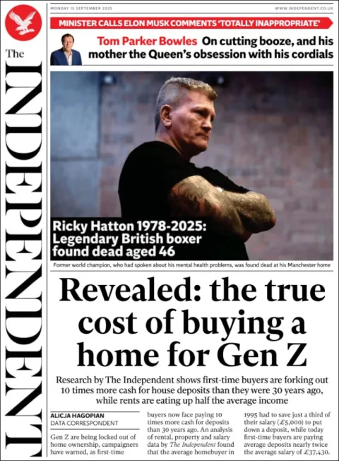 Portada de The Independent del lunes, 15 de septiembre de 2025