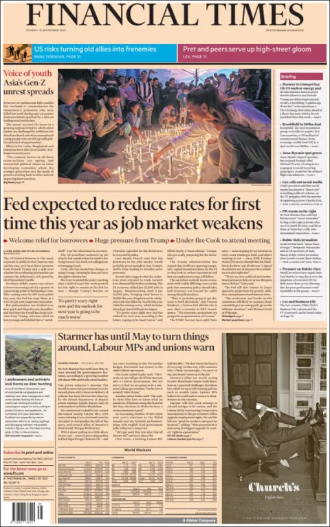 Portada de Financial Times del lunes, 15 de septiembre de 2025