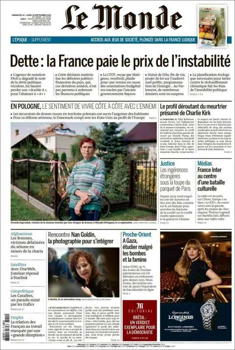 Portada de Le Monde del lunes, 15 de septiembre de 2025