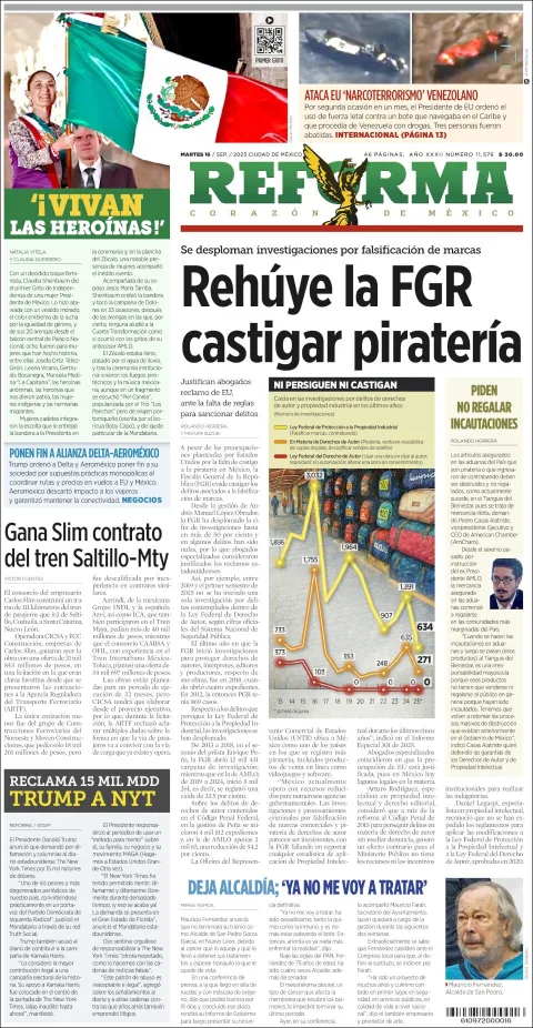 Portada de Reforma del martes, 16 de septiembre de 2025