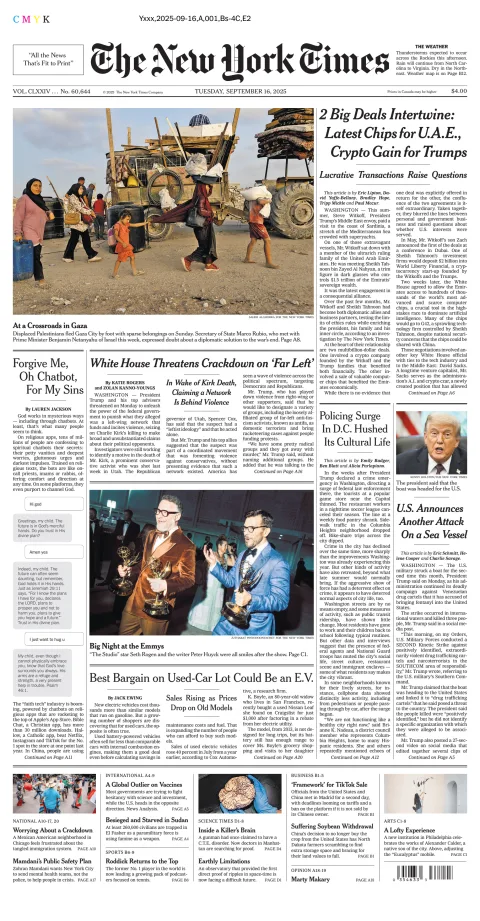 Portada de The New York Times (national) del martes, 16 de septiembre de 2025