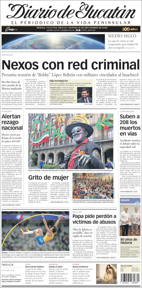 Portada de Diario de Yucatán del martes, 16 de septiembre de 2025