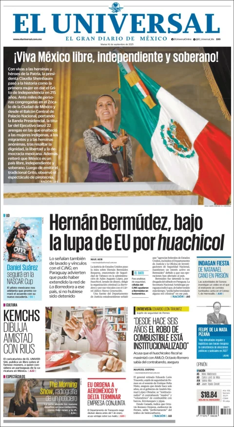 Portada de El Universal del martes, 16 de septiembre de 2025
