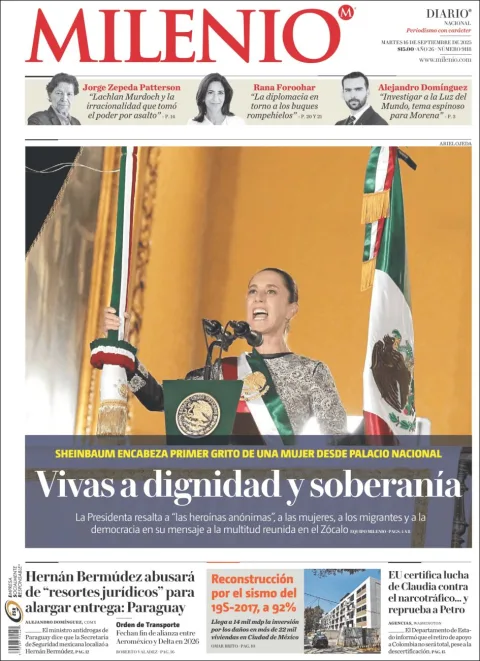 Portada de Milenio del martes, 16 de septiembre de 2025