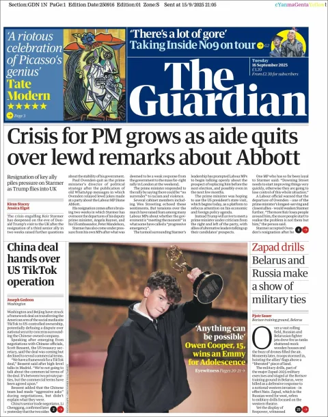 Portada de The Guardian (reino Unido) del martes, 16 de septiembre de 2025