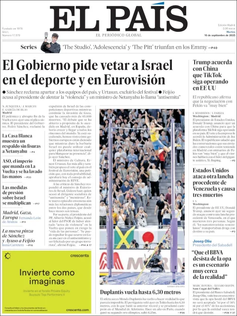 Portada de El Pais del martes, 16 de septiembre de 2025