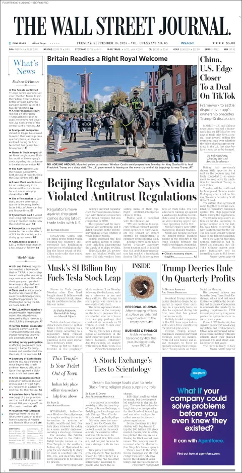Portada de The Wall Street Journal del martes, 16 de septiembre de 2025