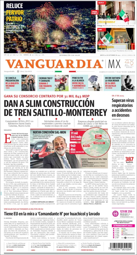 Portada de Vanguardia del martes, 16 de septiembre de 2025