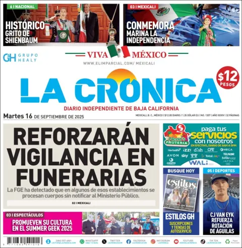 Portada de La Cronica del martes, 16 de septiembre de 2025