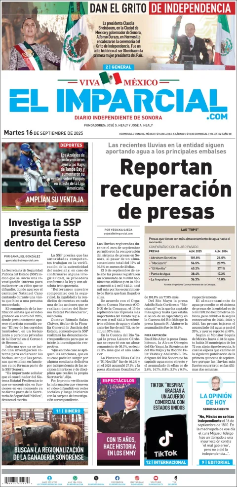 Portada de El Imparcial del martes, 16 de septiembre de 2025