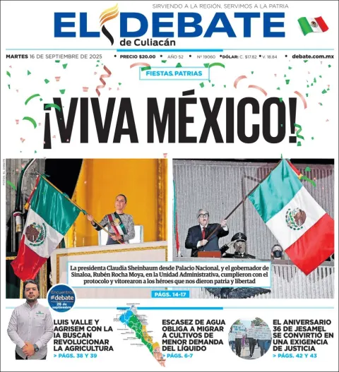 Portada de El Debate de Culiacan del martes, 16 de septiembre de 2025