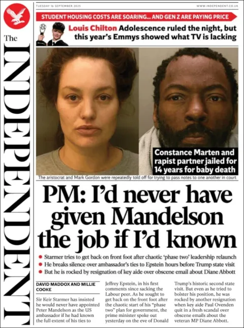 Portada de The Independent del martes, 16 de septiembre de 2025