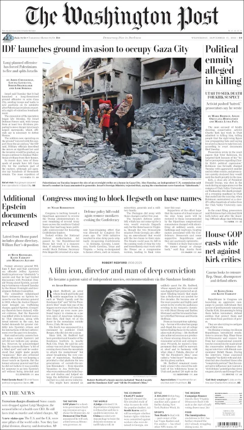 Portada de The Washington Post del miércoles, 17 de septiembre de 2025