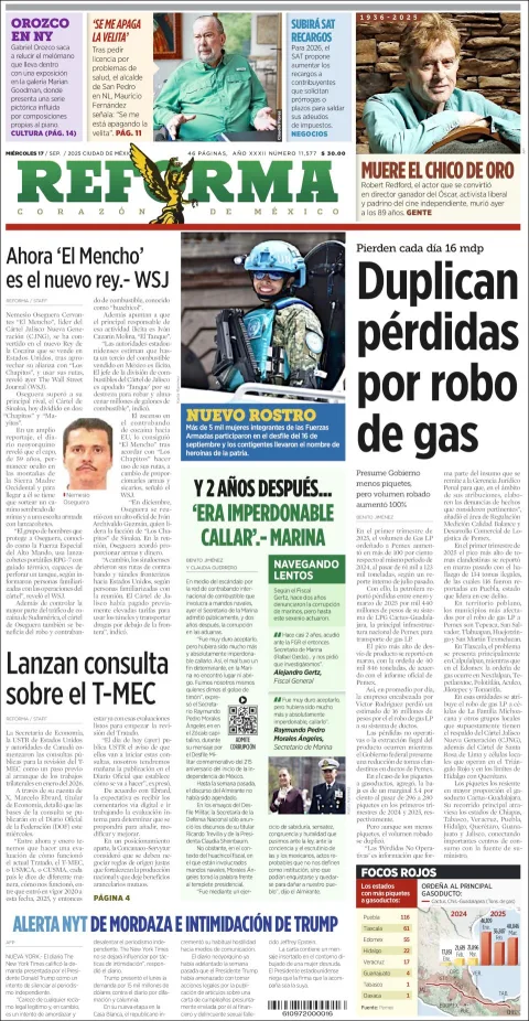 Portada de Reforma del miércoles, 17 de septiembre de 2025