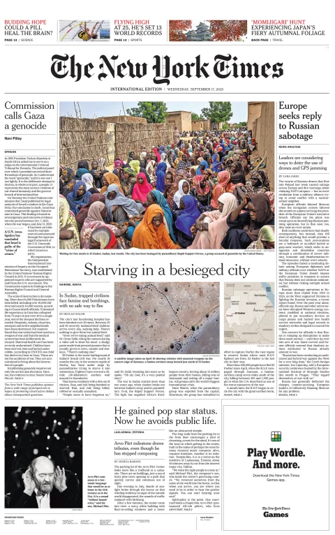 Portada de The New York Times (international) del miércoles, 17 de septiembre de 2025