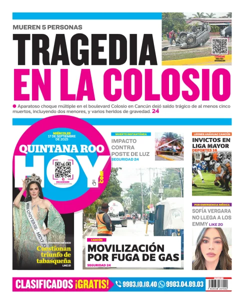 Portada de Quintana Roo Hoy (contraportada) del miércoles, 17 de septiembre de 2025