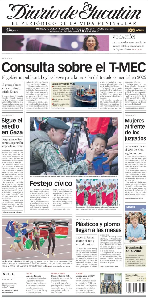 Portada de Diario de Yucatán del miércoles, 17 de septiembre de 2025