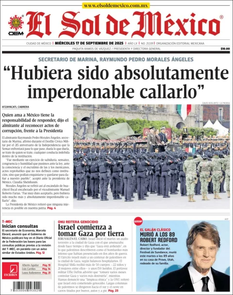Portada de El Sol de Mexico del miércoles, 17 de septiembre de 2025