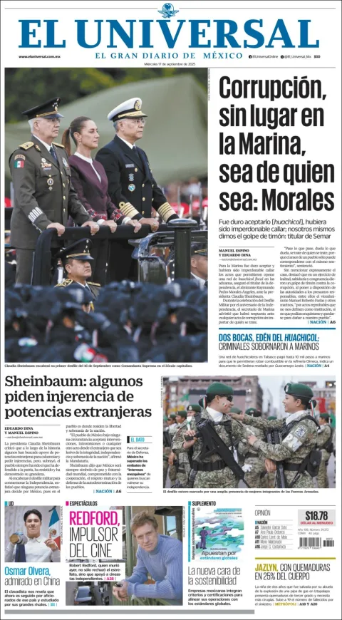 Portada de El Universal del miércoles, 17 de septiembre de 2025