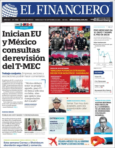 Portada de El Financiero del miércoles, 17 de septiembre de 2025