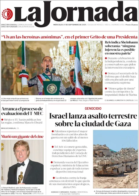 Portada de La Jornada del miércoles, 17 de septiembre de 2025