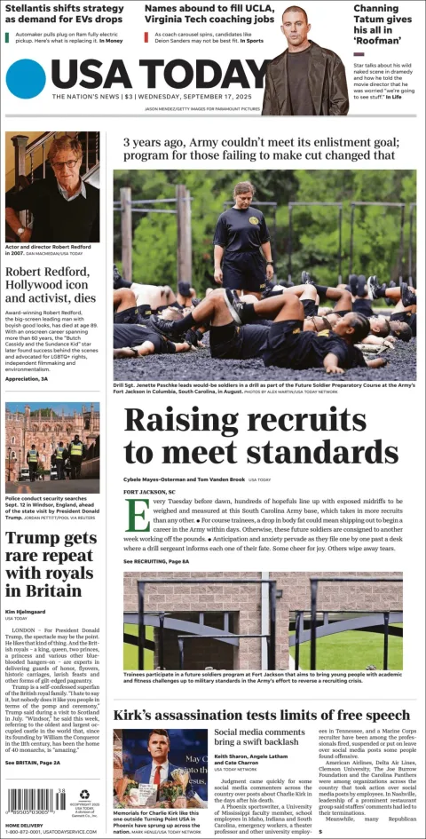 Portada de Usa Today del miércoles, 17 de septiembre de 2025