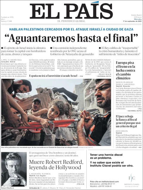 Portada de El Pais del miércoles, 17 de septiembre de 2025