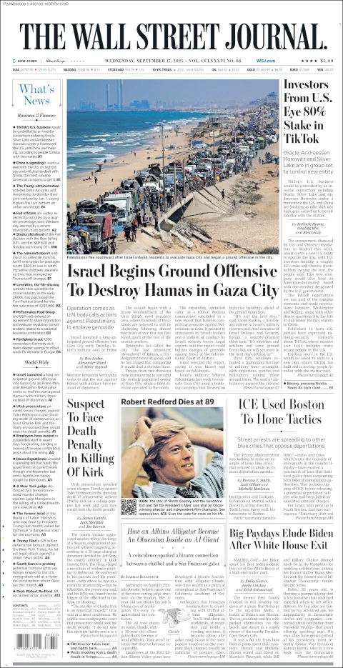 Portada de The Wall Street Journal del miércoles, 17 de septiembre de 2025