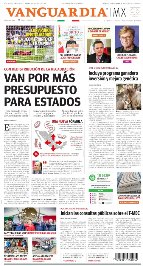 Portada de Vanguardia del miércoles, 17 de septiembre de 2025