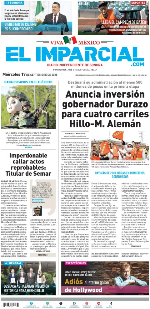 Portada de El Imparcial del miércoles, 17 de septiembre de 2025