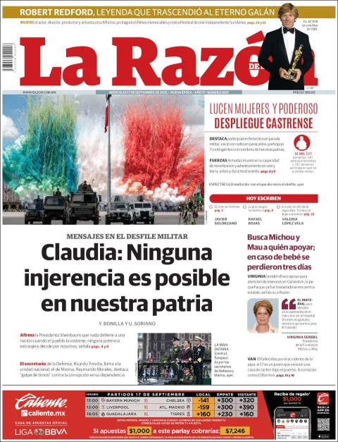 Portada de La Razon del miércoles, 17 de septiembre de 2025
