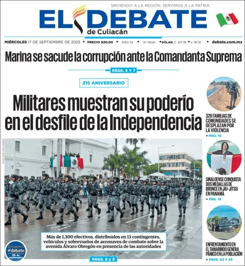 Portada de El Debate de Culiacan del miércoles, 17 de septiembre de 2025
