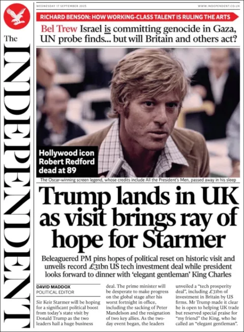 Portada de The Independent del miércoles, 17 de septiembre de 2025