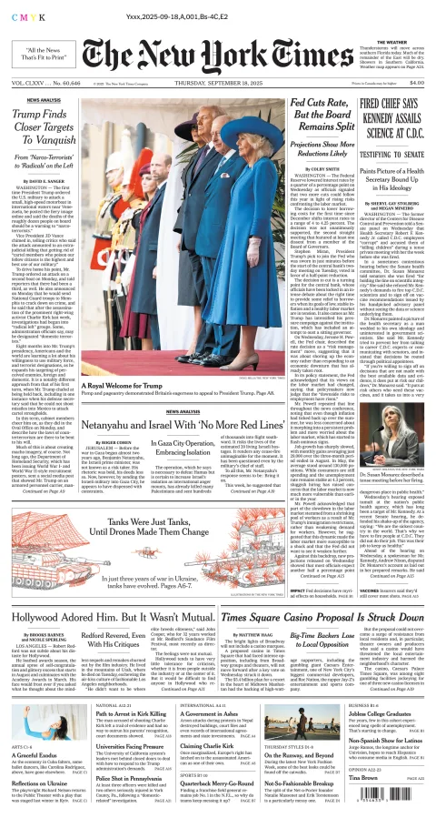 Portada de The New York Times (national) del jueves, 18 de septiembre de 2025